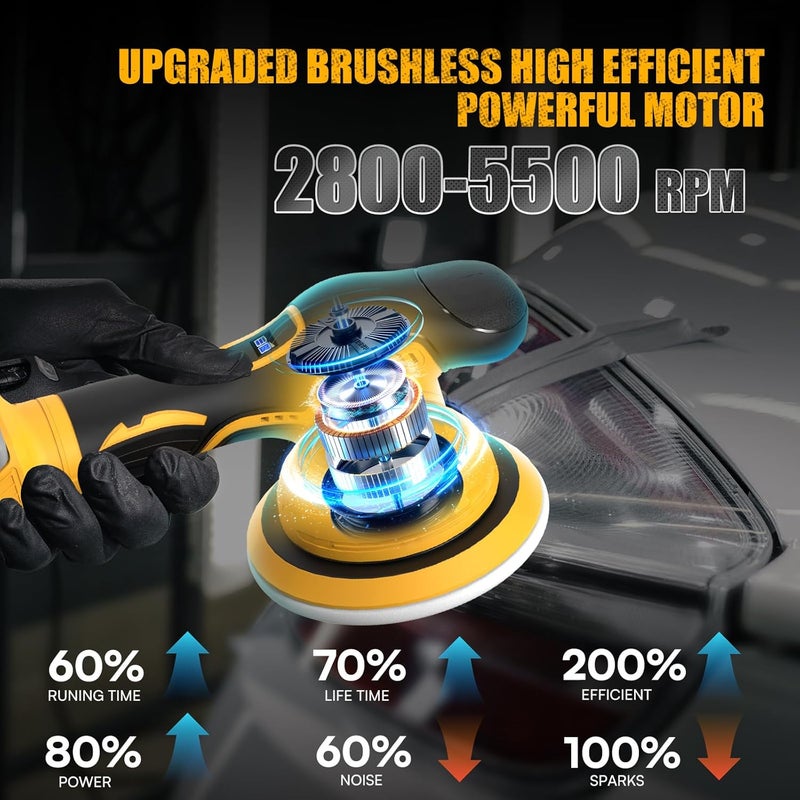 DEVTBLUN Cordless Car Buffer Polisher Kit for Dewalt 20V Battery(NO Battery),6 In Brushless Dual Action Random Polishing Machine , 8 Variable Speed 5500RPM, Orbital Polisher for Car Detailing,14Pcs Accessories - Image 3